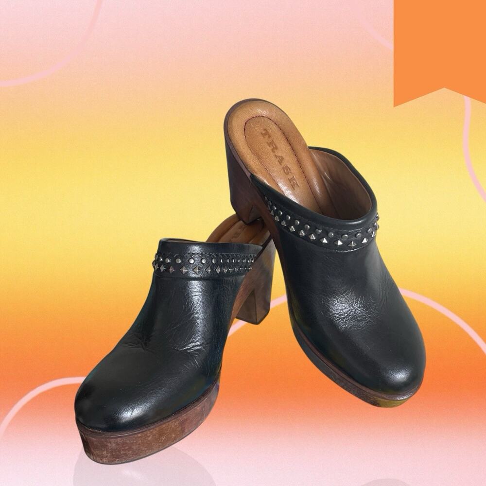 Trask Women’s Black Leather Reese Studded Clog/Mule Heels Boho Western Size 7.5